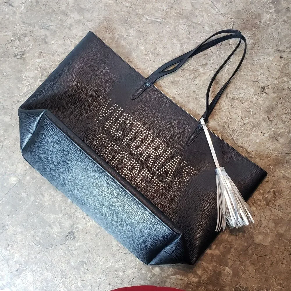 Victoria’s Secret Black Faux Leather Tote Bag Logo Double Handle Silver Tassel !